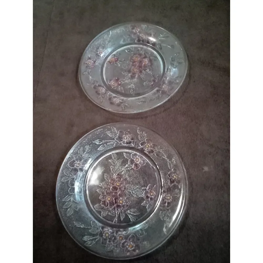 Vtg Rerverse Pressed Glass Plates~CLEAR with colored Flowers 8 1/4